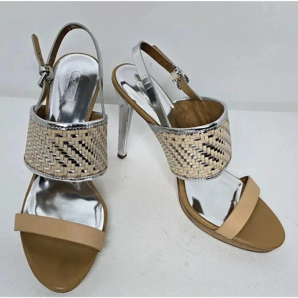 Coach Steffi Woven Slingback Stiletto Heels Silver Metallic Tan Leather 11 B